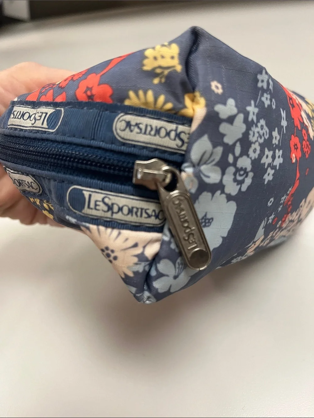 Lesportsac Blue Floral Cosmetic Pouch with Red and Yellow Accents